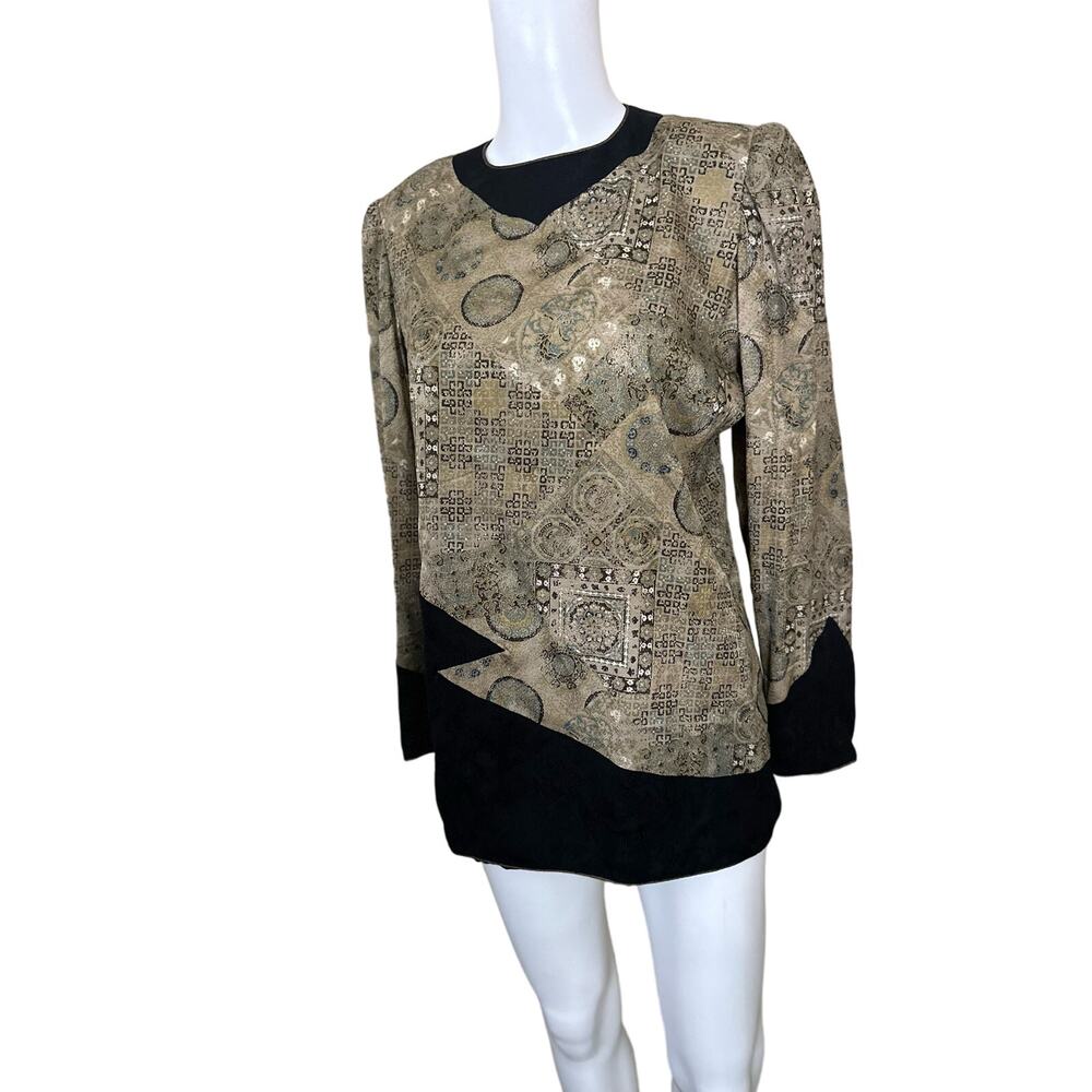 Vintage Ungaro Silk Black Beige Metallic Patchwork Print Long Sleeve Top Size 10 - Picture 5 of 7